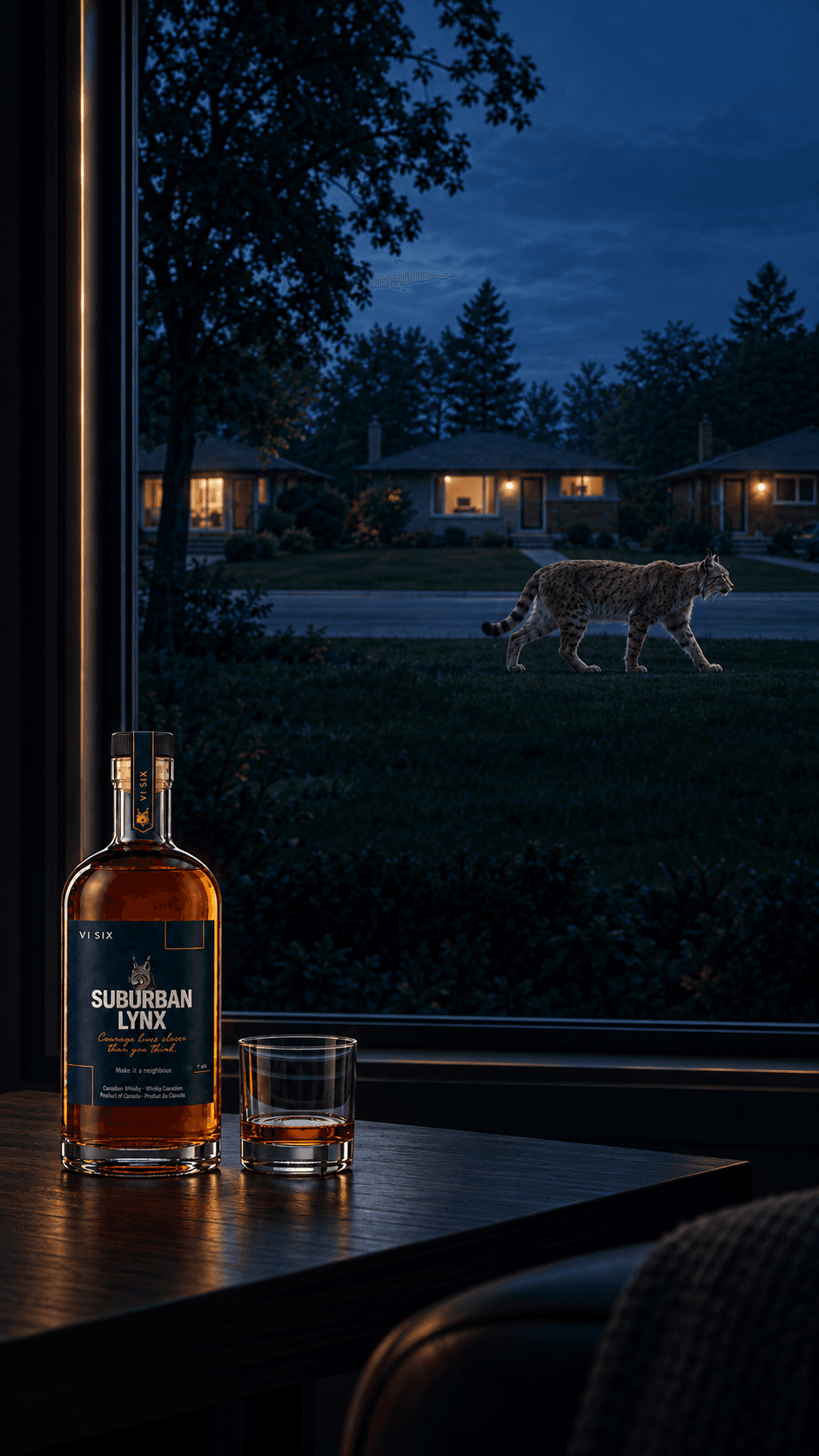 Suburban Lynx bottled spirit beside a glass, with a lynx visible through a suburban window