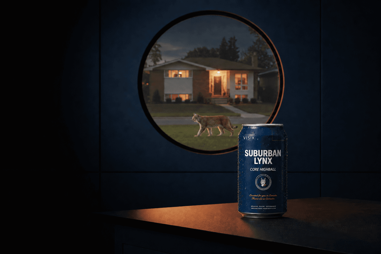A chilled Suburban Lynx Core Highball can with a lynx visible through a round suburban window